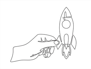 Continuous one  line drawing of hand  launching Rocket, ship. Continuous line drawing. Startup business. Vector illustration.