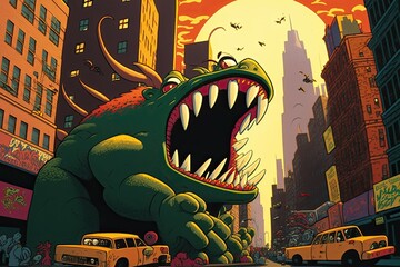 Cartoon monster attacking a city. Generative AI illustration.