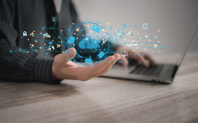 Concept of using cloud computing to store data : Business man holding are using cloud computing to...