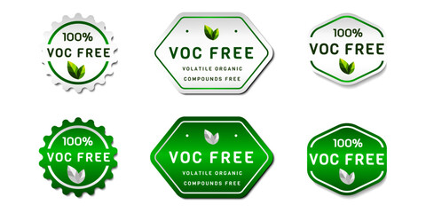 VOC Free Label Sticker. Volatile organic compounds-free abstract. With leaf icon. On gradient green and white colors. Premium, and luxury vector illustration design