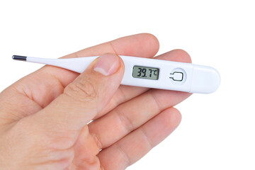 Hand holding thermometer isolated on transparent background, PNG.
