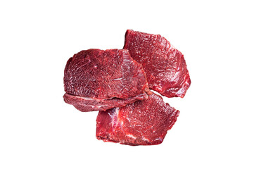 Raw Venison dear meat on butcher cutting board, game meat.  Isolated, transparent background