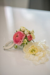 Beautiful flowers. Peony rose. Flower buds. Flowers with drops. Flowers in the rain. Bouquet of flowers in a vase. Dew drops. Flowers on a white background.