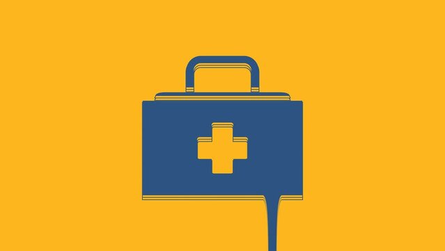 Blue First aid kit icon isolated on orange background. Medical box with cross. Medical equipment for emergency. Healthcare concept. 4K Video motion graphic animation