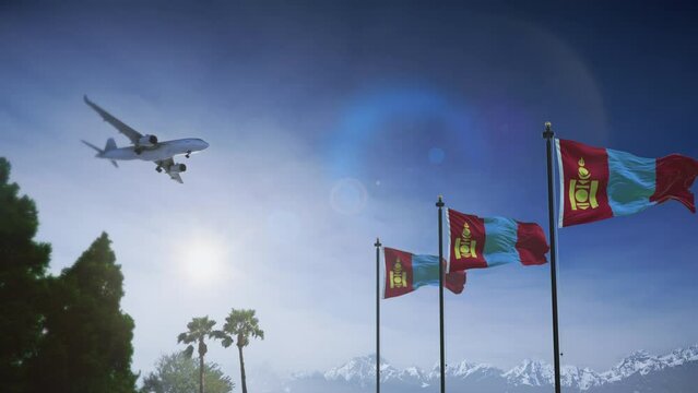 Airplane landing in Mongolia. A generic passenger plane lowering its landing gears approaching an airport in Mongolia. Mongolian flag waving in front of mountains.
