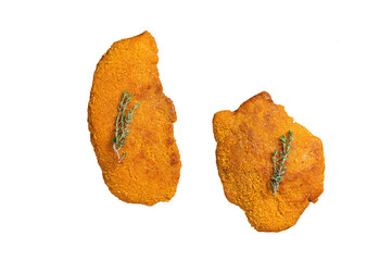Fried Breaded weiner schnitzel, cooked meat steak.  Isolated, transparent background