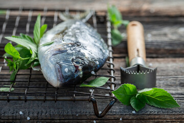Seasoning sea bream with herbs and salt for grill