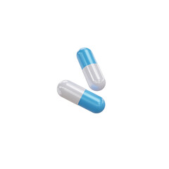 White and blue capsules isolated on transparent background. 3d render. PNG. Tablets, medicine concept. 3D rendering, ui, ux. Pills. Health	