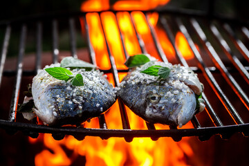 Fresh fish on grill roasted with herbs and salt