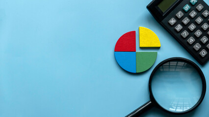 Quarterly report concept. Company financial report. Business charts. Colorful quarter wooden pie...