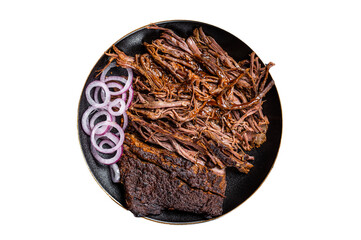 BBQ pulled pork meat on plate.  Isolated, transparent background