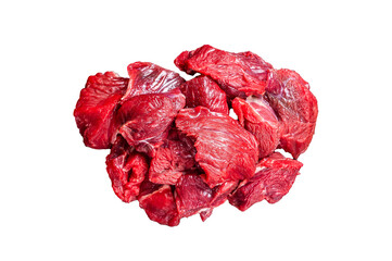 Fresh Raw diced beef veal meat for cooking Shish kebab.  Isolated, transparent background
