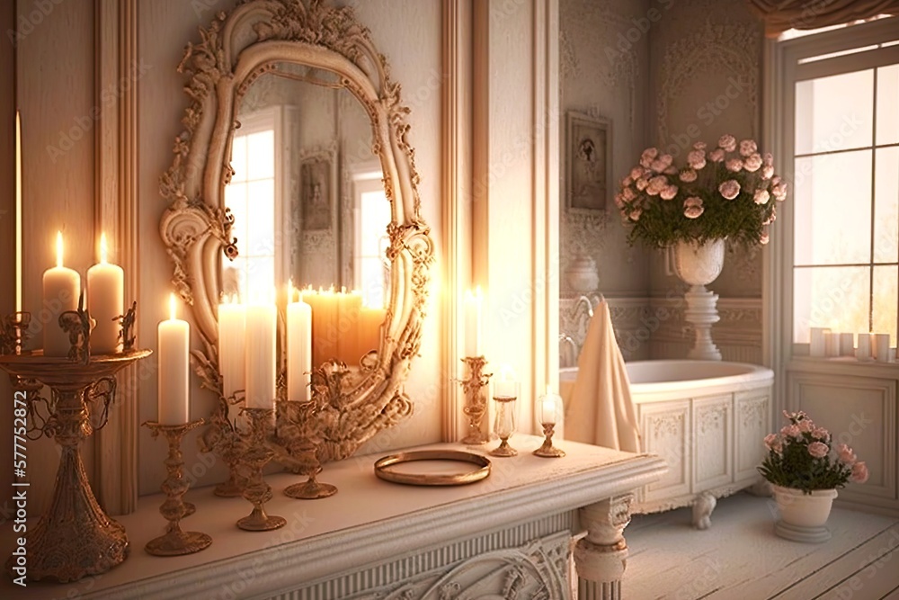 Wall mural large romantic bathroom with candles and mirror in soft tones, created with generative ai