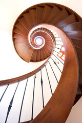 Wooden spiral staircase.