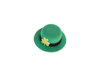 green irish leprechaun hat with gold clover isolated, saint patrick day background