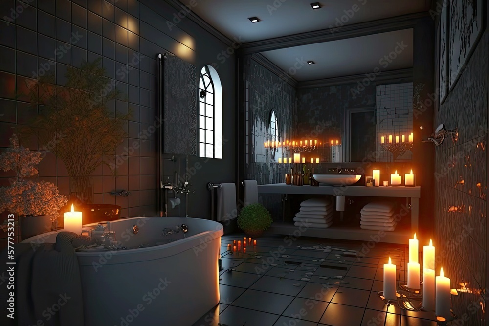 Poster spacious bright bathroom with candles and black wall tiles, created with generative ai