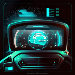 Modern concept of driving. Driving with a tablet. Vehicle diagnostics. Smart car and smartphone dashboard system data. AI generated illustration.