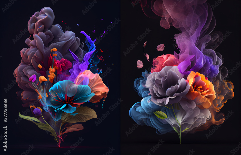 Wall mural beautiful, colorful flowers into neon smoke illustration. isolated composition on dark tone backgrou