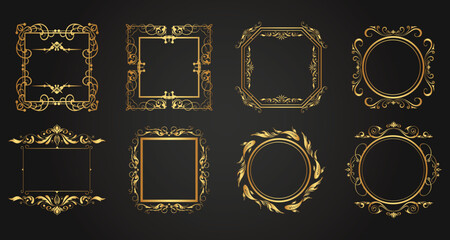 Decorative golden frames. Retro ornamental frame, vintage ornaments & ornate border. Decorative wedding frames, antique museum image borders. Isolated vector icons set