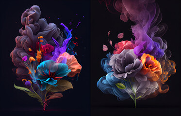 Beautiful, colorful flowers into neon smoke illustration. Isolated composition on dark tone background. 3d flowers composition