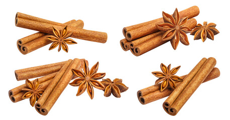 Collection of delicious cinnamon sticks and star anise, cut out