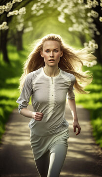 Woman is jogging in a verdant park wearing sportswear. Her hair is tied back and she appears to be sweating