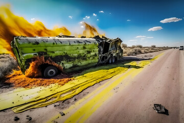 Car freight with oil and hazardous crashed on highway. Tank trucks with nitric acid break and burn. Concept technogenic disaster. Generation AI