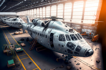 Avia Industry Factory line production helicopter, plane technology. Generation AI