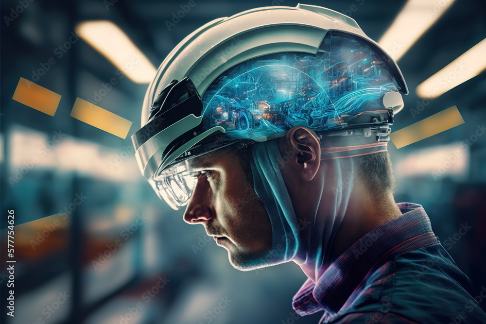 Poster electrical engineering concept design. electrician or engineer wear hardhat with double exposure eff
