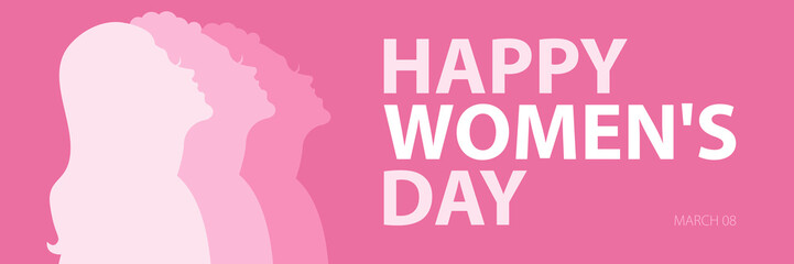 Happy women's day. March 8. International Women's Day. Horizontal poster with three silhouettes of female faces. Vector pink illustration in flat style for greeting card or banner