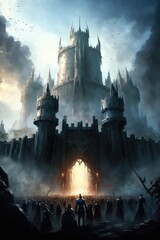 Fototapeta premium Fantasy book cover. Children`s book cover. A towering castle, with a vast army of warriors gathered outside its walls. Generative ai.