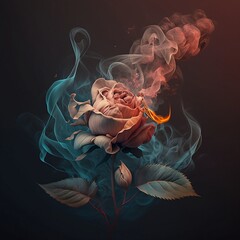 Rose in the smoke.Flower in the smoke on a dark background. Rose and smoke. Growth. Generative AI.