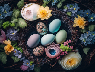 Fototapeta na wymiar Happy Easter background concept with easter eggs in nest and spring flowers created with Generative AI technology