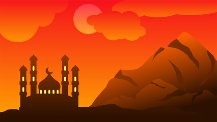 Fototapeta na wymiar Background of silhouette mosque with orange sky for islamic design. Landscape element for design graphic ramadan greeting in muslim culture and islam religion. Ramadan wallpaper of mountain and hill