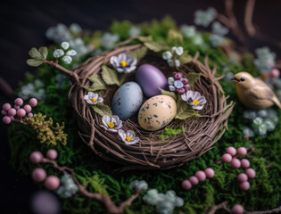 Happy Easter background concept with easter eggs in nest and spring flowers created with Generative AI technology