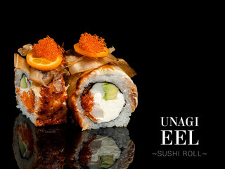 Side view of sushi roll pieces with mirror reflection on black background. roll with eel, avocado...