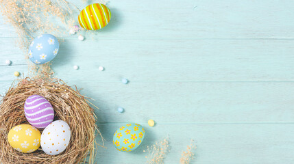 Happy easter Day. Easter eggs on wooden background. Greetings and presents for Easter Day celebrate...