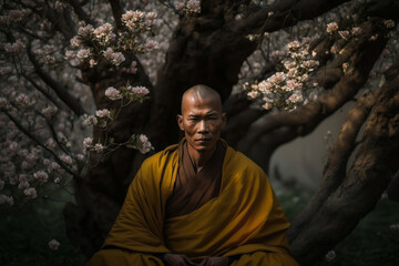 Buddhist monk meditating under a blossomed tree