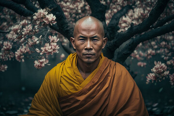 Buddhist monk meditating under a blossomed tree - obrazy, fototapety, plakaty