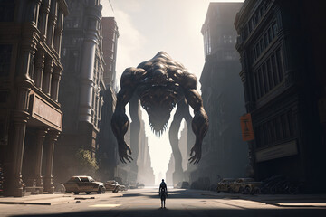 A monster walking down a city street