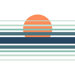 Abstract illustration of geometric sunset by the sea with blue and white horizontal stripes and orange sun decoration on white background