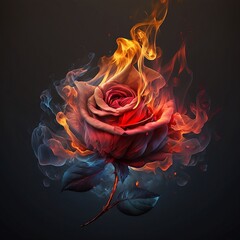 Rose in the smoke.Flower in the smoke on a dark background. Rose and smoke. Growth. Smoke and fire. Generative AI.