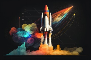 Fototapeta premium Launching space rocket graphs and data multicolor background. Generative AI