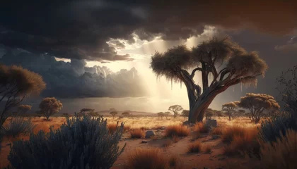 Selbstklebende Fototapeten African savannah landscape with baobab tree and ray of light. Generative AI © LAYHONG