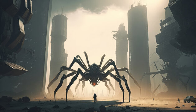 Generative AI of a giant spiders attacking a futuristic city