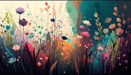 Fototapeta na wymiar Illustration of a colorful abstract flower meadow wallpaper and background. spring background. nature flower wallpaper. abstract background. AI-Generated