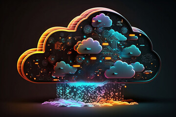 Cloud Data Base Technology concept with glowing neon digital structures on a dark background. Generative AI illustration
