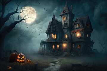 Fototapeta na wymiar Spooky Halloween scene featuring a haunted house. Generative AI