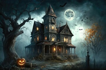 Spooky Halloween scene featuring a haunted house. Generative AI