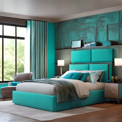 Modern cozy bedroom, interior design, home architecture in turquoise design ai Generated, generative AI, CGI graphics